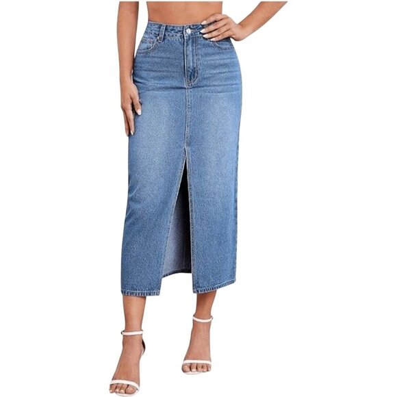 Denim Maxi Pencil Skirt 5 Pocket Mid Wash Trending Size M - Picture 1 of 6